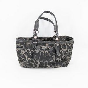 Coach Black/Silver Jacquard Signature Logo Zip Top Handbag Purse F1072